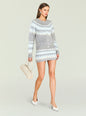 Model wearing a gray knit matching sweater with the same pale blue and cream zigzag pattern thumbnail image 2 of 5