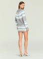 Back view of Amaya Cardigan on model showing gray knit with light blue and white zigzag across upper back. thumbnail image 4 of 5