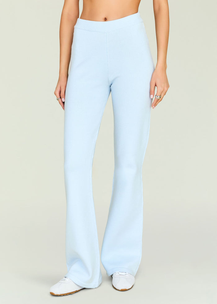 Close up of light blue Katia Knit Pant waistband and legs on a model