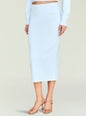 Close-up of the light blue knit midi skirt waist showing a ribbed waistband and smooth fabric. thumbnail image 1 of 5
