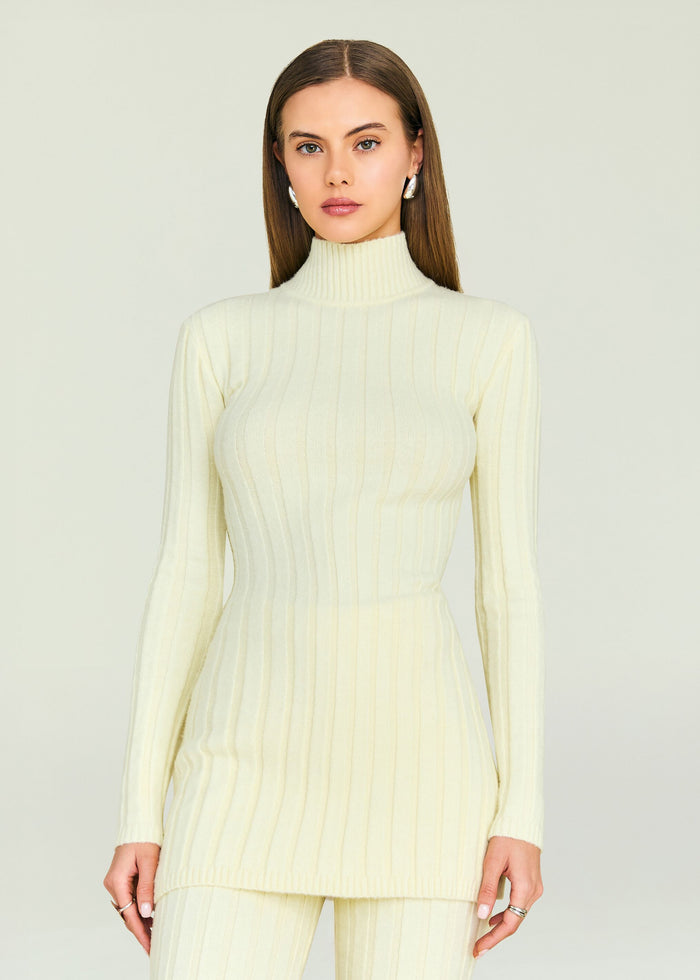 Cream ribbed knit tunic with a high neck on a model, showcasing a fitted silhouette.