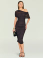 Nyssa Mesh Midi Dress side profile on a model, black off‑the‑shoulder ruched midi with sheer overlay thumbnail image 5 of 5