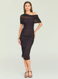 Nyssa Mesh Midi Dress on a model with sheer mesh overlay across the top and a ruched bodycon skirt thumbnail image 1 of 5