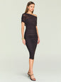 Nyssa Mesh Midi Dress front view on a model, black ruched off‑the‑shoulder dress with sheer overlay thumbnail image 3 of 5