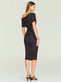 Nyssa Mesh Midi Dress back view on a model, black ruched off‑the‑shoulder dress with draped mesh thumbnail image 4 of 5