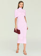 Model wearing the Wisteria Knit Midi Dress in soft lavender with a twisted front detail. thumbnail image 5 of 5
