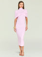 Front view of a model in a lavender Wisteria Knit Midi Dress with a cape over the shoulders and a fitted midi skirt. thumbnail image 1 of 5