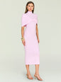 Model wearing a lavender knit midi dress with a front twist and high neck, accented by gold jewelry. thumbnail image 3 of 5