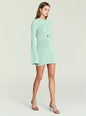 Mint green knit mini dress with long sleeves and crew neck on a model thumbnail image 3 of 5