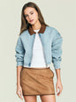 Model wearing a light wash Coop Denim Jacket with brown collar over a white top thumbnail image 1 of 5
