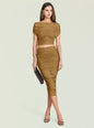 Front view of a model wearing a caramel Marsh Top with ruched bodice and off-shoulder neckline, paired with a matching ruched skirt. thumbnail image 2 of 5