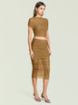 Tan Marsh Top two piece set with ruched crop top and matching midi skirt on a model. thumbnail image 4 of 5