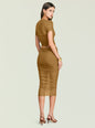 Back view of a model in a tan Marsh Top ruched crop top and matching skirt, holding a dark clutch. thumbnail image 5 of 5