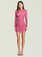 Model wearing a pink Moxey Ruched Mesh Mini Dress with long sleeves and wrap details on the front thumbnail image 1 of 5