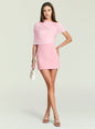 Soft pink Selma Mini Crepe Dress with a one shoulder draped top and fitted mini skirt. thumbnail image 1 of 5
