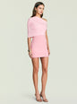 Front view of a pink Selma Mini Crepe Dress with a ruched draped one shoulder bodice and fitted mini skirt thumbnail image 3 of 5