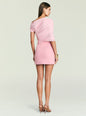 Back view of pink Selma Mini Crepe Dress showing a ruched draped bodice and off shoulder silhouette thumbnail image 4 of 5