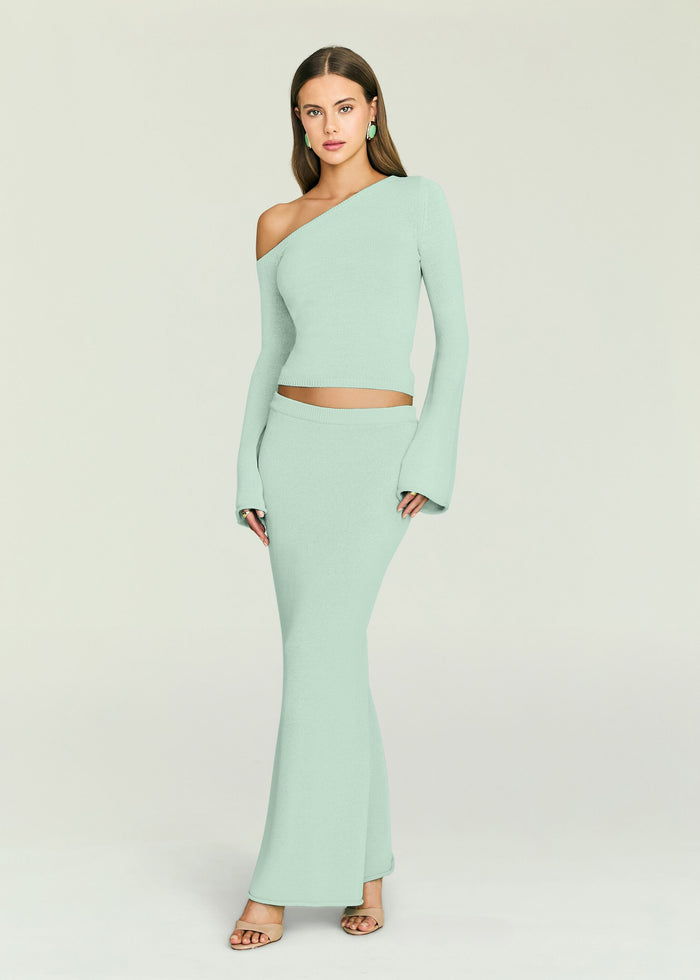 Mint Alivia knit top with one shoulder and matching high waisted knit skirt