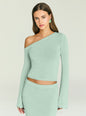 Mint green knit one-shoulder crop top worn by a model. thumbnail image 1 of 5