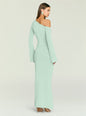 Back view of a mint green off the shoulder knit top from the Alivia collection on a model thumbnail image 5 of 5