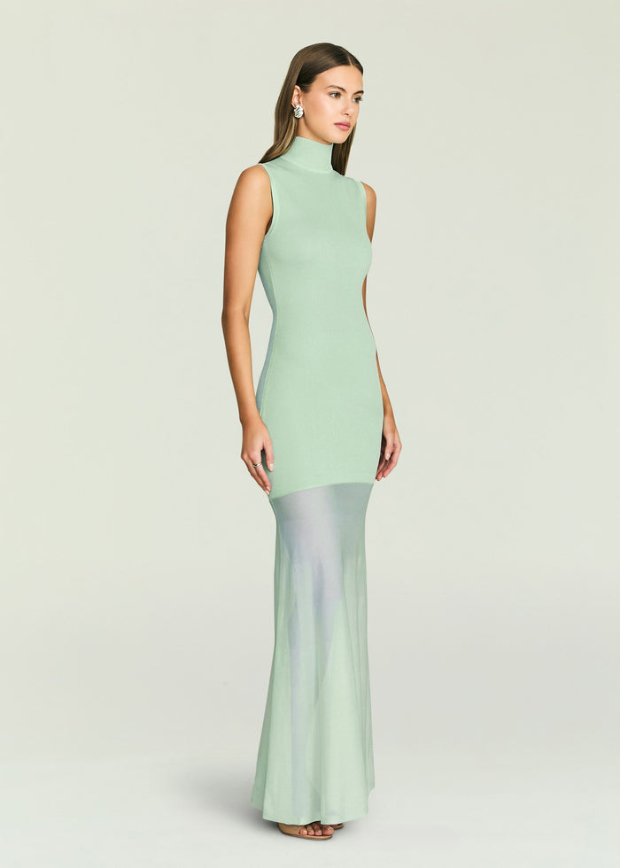 Mint Amine knit maxi dress with sleeveless high neck and pale blue sheer overlay at the bottom in full length view