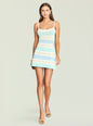 Front view of a model in the Azriel Knit Mini Dress with pastel stripes in white mint and sky blue thumbnail image 1 of 5