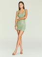 Front view of a fitted sage green metallic knit mini dress on a model with a scoop neckline. thumbnail image 5 of 5