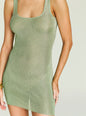 Close-up of Benni Metallic Knit Mini Dress fabric and scoop neckline on model. thumbnail image 2 of 5
