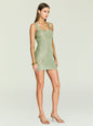 Model wearing Benni Metallic Knit Mini Dress in sage green with broad straps. thumbnail image 3 of 5
