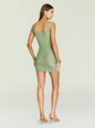 Back view of a fitted sage green metallic knit mini dress on a model with a low scooped back. thumbnail image 4 of 5