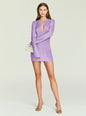 Emeri Metallic Knit Mini Dress in lavender with a keyhole neckline and long sleeves, paired with a white handbag. thumbnail image 1 of 5