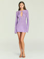 Front view of lavender metallic knit mini dress with a teardrop keyhole neckline and long sleeves. thumbnail image 5 of 5