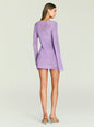 Back view of lavender metallic knit mini dress on a model with long sleeves and a short hem. thumbnail image 4 of 5