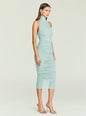 Model wearing Esmee Midi Dress in pale seafoam with a pleated halter neckline and ruched fitted bodice thumbnail image 3 of 5