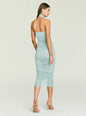 Back view of model in pale seafoam Esmee Midi Dress with a halter neckline and ruched back thumbnail image 4 of 5
