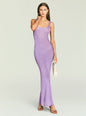 Full length view of Martina Metallic Knit Maxi Dress in lavender knit with gold jewelry and tan sandals, holding a small bag. thumbnail image 5 of 5