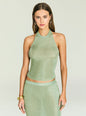 Model wearing a sage green metallic knit halter top with a high neckline. thumbnail image 1 of 5
