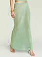 Close-up of Harmony Metallic Knit Skirt waist and hip with shimmering mint green fabric. thumbnail image 1 of 5