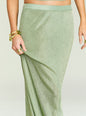 Detail shot of Harmony Metallic Knit Skirt fabric texture and drape at the hip. thumbnail image 3 of 5