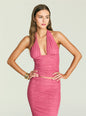 Model wearing a pink Bimini Mesh Halter Top with gathered front and gold hoop earrings. thumbnail image 1 of 6