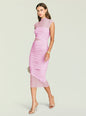 Model wearing a pink mesh ruched midi dress with a sheer bodice and high neckline. thumbnail image 5 of 5