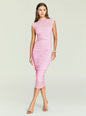 Model in pale pink mesh ruched midi dress with sheer waist panel and cap sleeves, wearing gold hoop earrings. thumbnail image 1 of 5