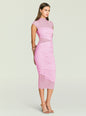 Model in light pink mesh ruched midi dress with sheer side panels and a high neckline, posing with hand on hip. thumbnail image 3 of 5