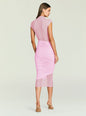 Back view of a pink mesh ruched midi dress on a model with cap sleeves and a fitted ruched skirt. thumbnail image 4 of 5