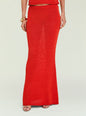 Close up of red knit fabric from the Kora Knit Maxi Skirt showing texture and hem edge thumbnail image 1 of 5