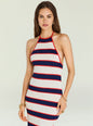 Model wearing Arrabella Knit Maxi Dress with navy white and red horizontal stripes and halter neckline thumbnail image 5 of 5