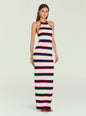 Model wearing Arrabella knit maxi dress with halter neck and nautical stripes, posing front view thumbnail image 3 of 5