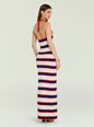 Arrabella Knit Maxi Dress striped navy white red with halter ties seen from the back on a model thumbnail image 4 of 5