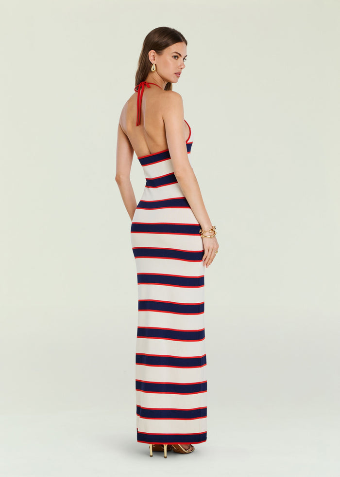Arrabella Knit Maxi Dress striped navy white red with halter ties seen from the back on a model