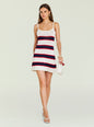 White knit mini dress with navy and red horizontal stripes. thumbnail image 1 of 6